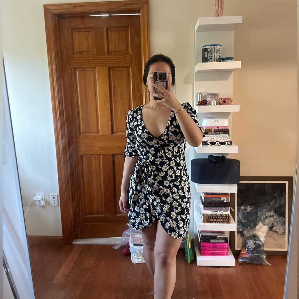 zara daisy print dress with wrap skirt